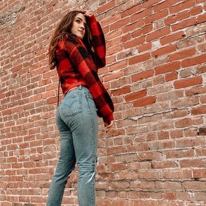 Cropped plaid fuzzy cardigan